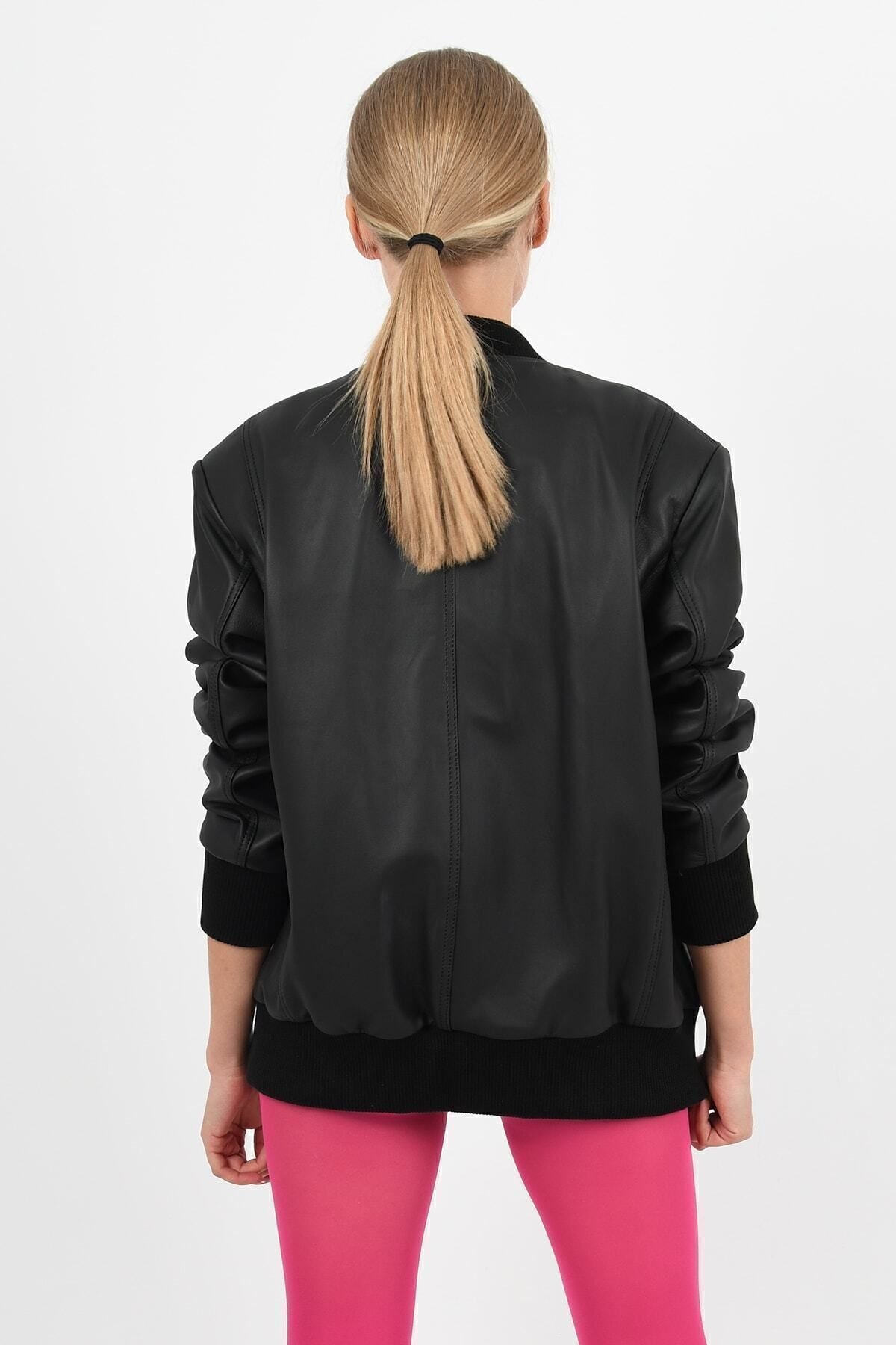 ALIN College Women's Genuine Leather Knitted Leather Jacket Black - MALLTURK