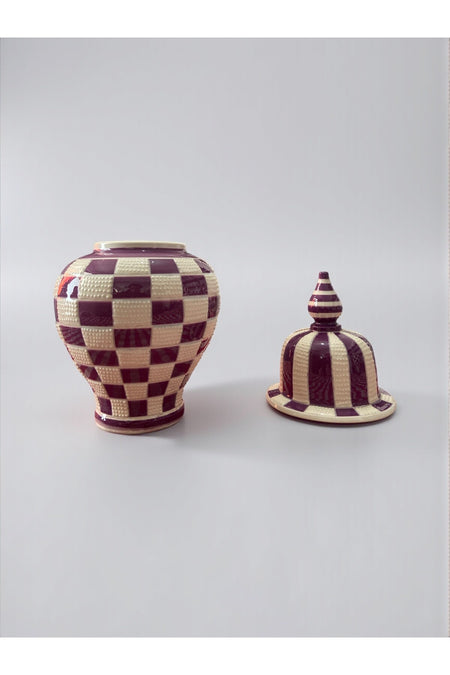 YOOS Handmade Wheelwork 25cm Kutahya Ceramic Checkered Shah Cube Ceramic Vase Purple - MALLTURK