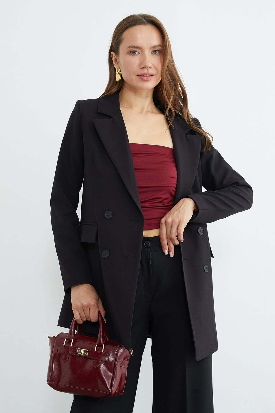 Belted Double-Breasted Collared Buttoned Jacket