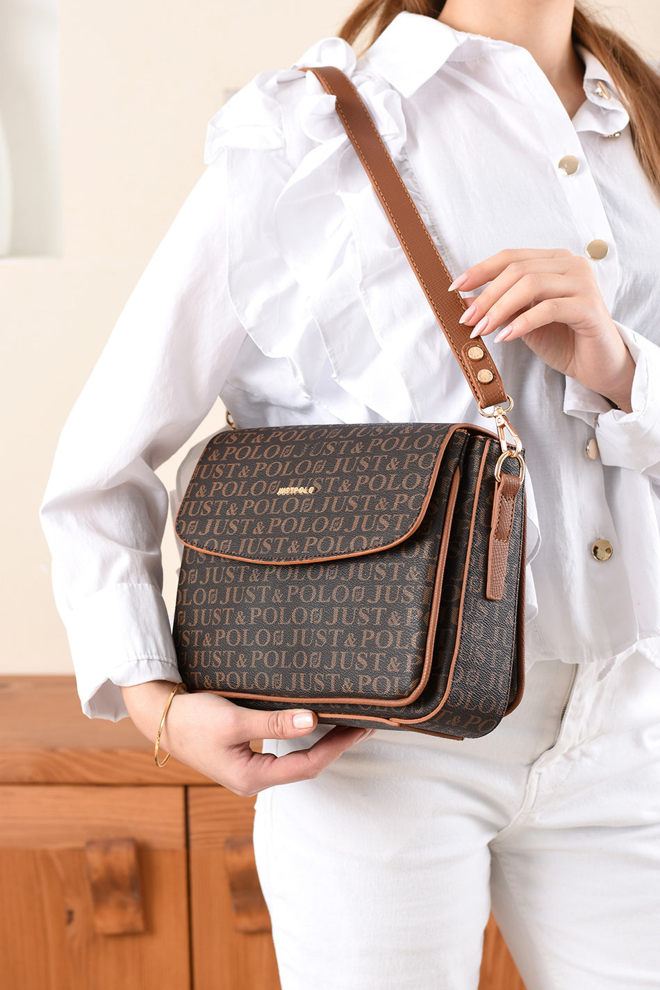 Just Polo Monogram Brown Print Women's Handbag and Shoulder Bag - MALLTURK