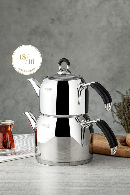 Nehir Modern Mini Small Size 0.8-1.6 Lt. Stainless Steel Teapot Set - MALLTURK