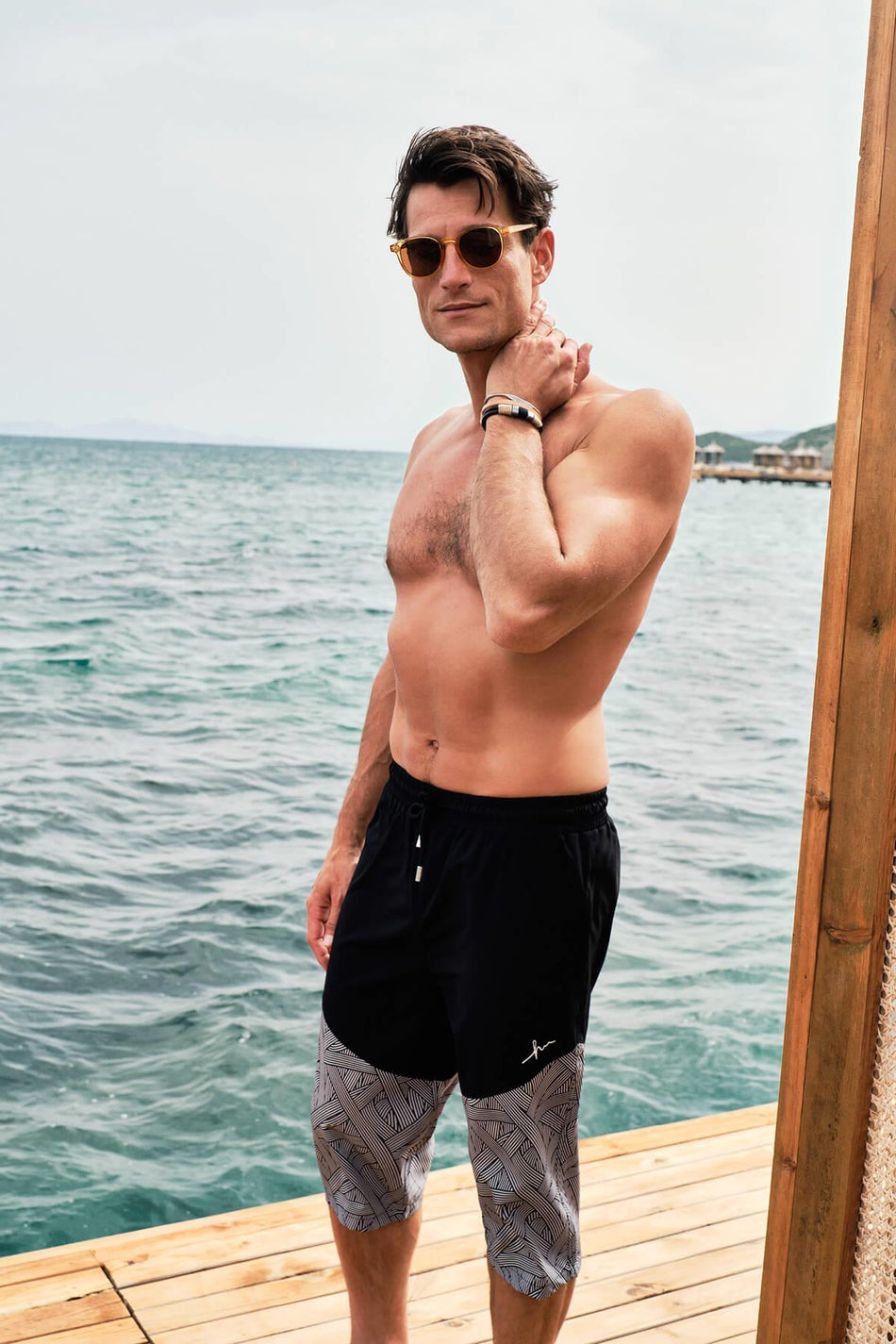 Men's Black and White Long Swim Shorts with Swimsuit Pattern 246
