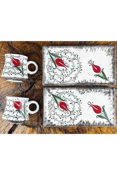 Cini Evi Golden Horn Patterned Red Tulip Tile Coffee Serving Set – Elegant Design - MALLTURK