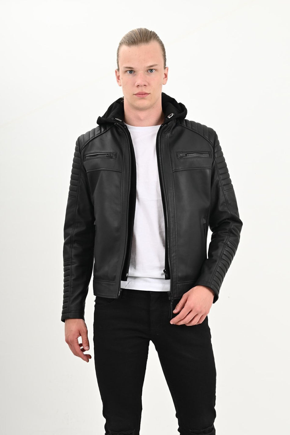 ALIN Sherwood Men's Genuine Leather Detachable Hood Leather Jacket Black