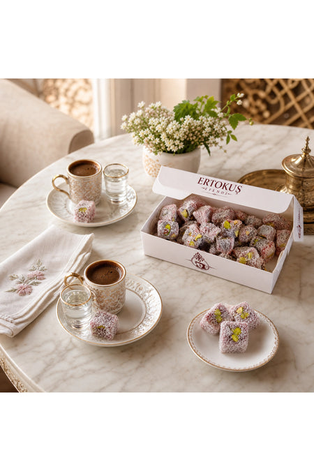 Ertokus Efendi isparta dogal Rose Flavored Extra Pistachio Turkish Delight 250 g Double Roasted 100 seker pancari - MALLTURK
