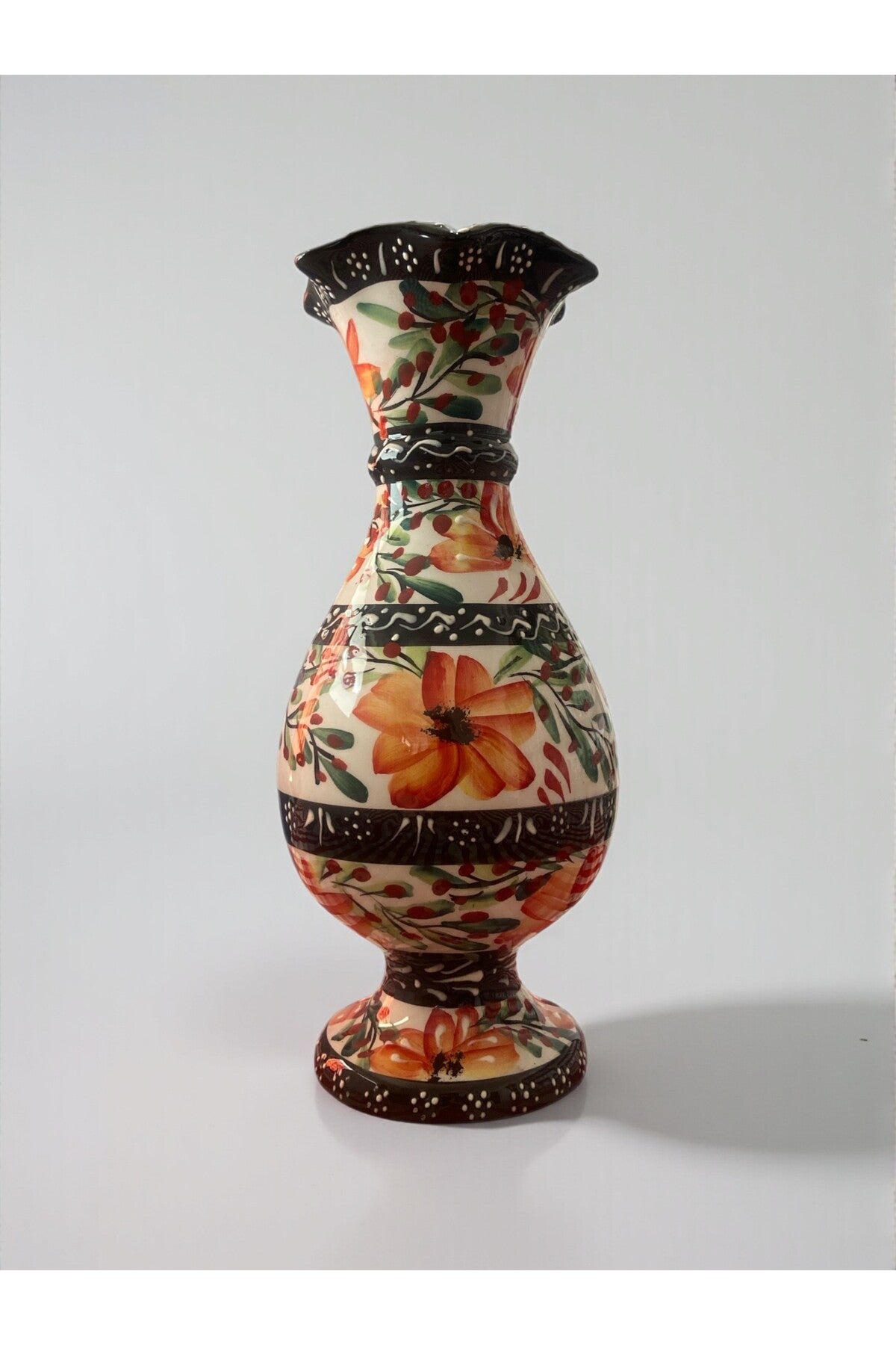 YOOS Handmade 30cm Brushwork Ceramic Vase with Floral Motif Black - MALLTURK