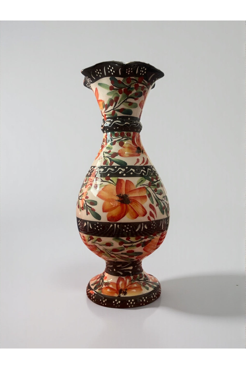 YOOS Handmade 30cm Brushwork Ceramic Vase with Floral Motif Black - MALLTURK