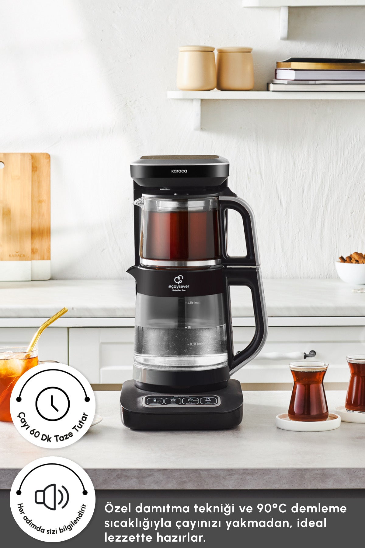 Karaca Tea Lover Robotea Pro Connect 4 in 1 Talking Glass Tea Maker Silver - MALLTURK