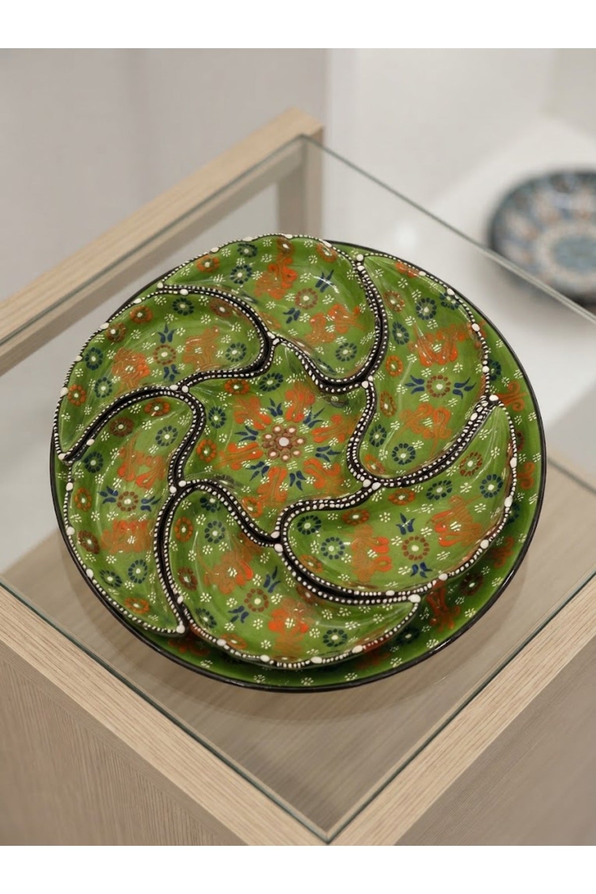 General Brands Handmade Traditional Patterned Green Ceramic Snack Bowl and Serving Plate - MALLTURK