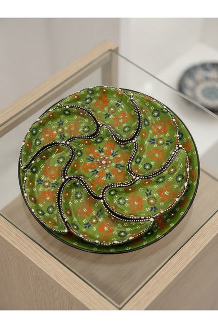 General Brands Handmade Traditional Patterned Green Ceramic Snack Bowl and Serving Plate - MALLTURK
