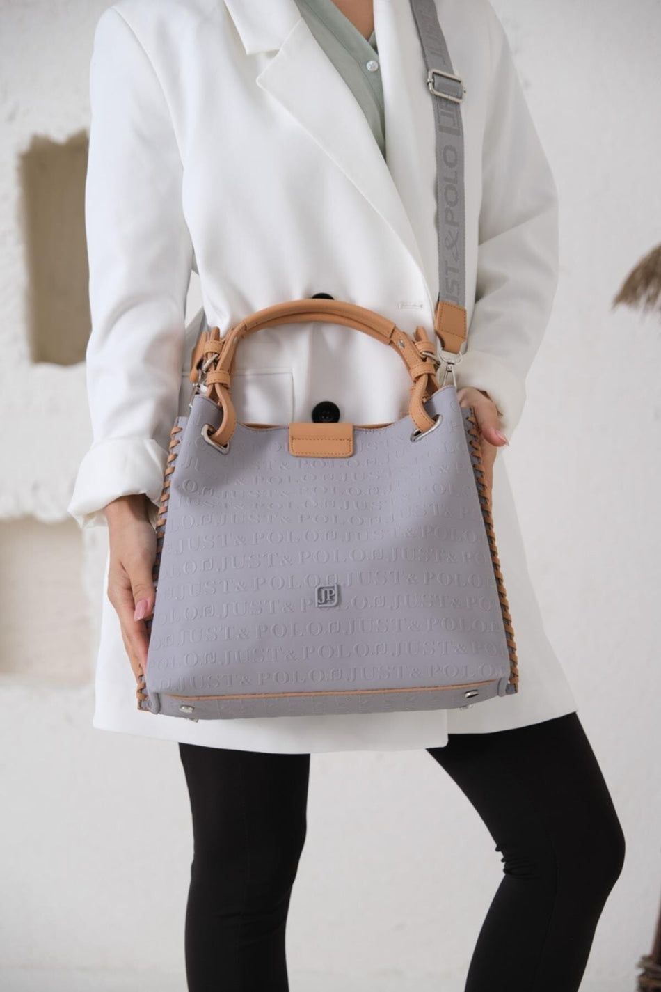 Just Polo Women's Embossed Pattern Magnetic Snap Closure Handbag with Shoulder Strap JP4031 Grey - MALLTURK