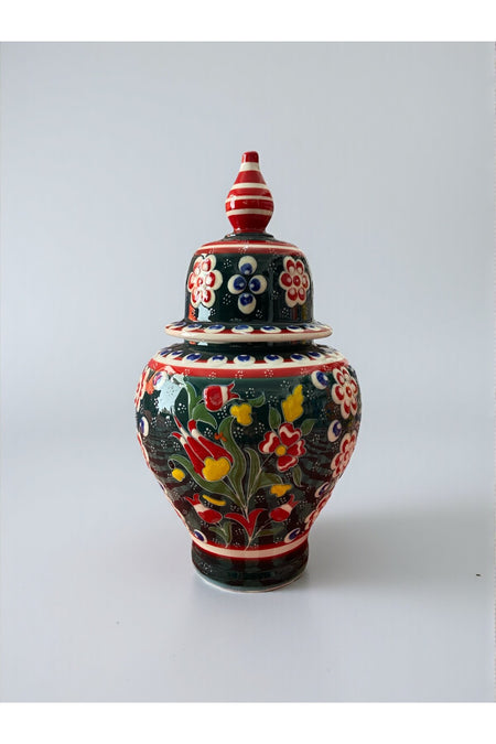 YOOS Handmade Green Wheelwork 25cm Kutahya Ceramic Shah Cube Ceramic Vase - MALLTURK