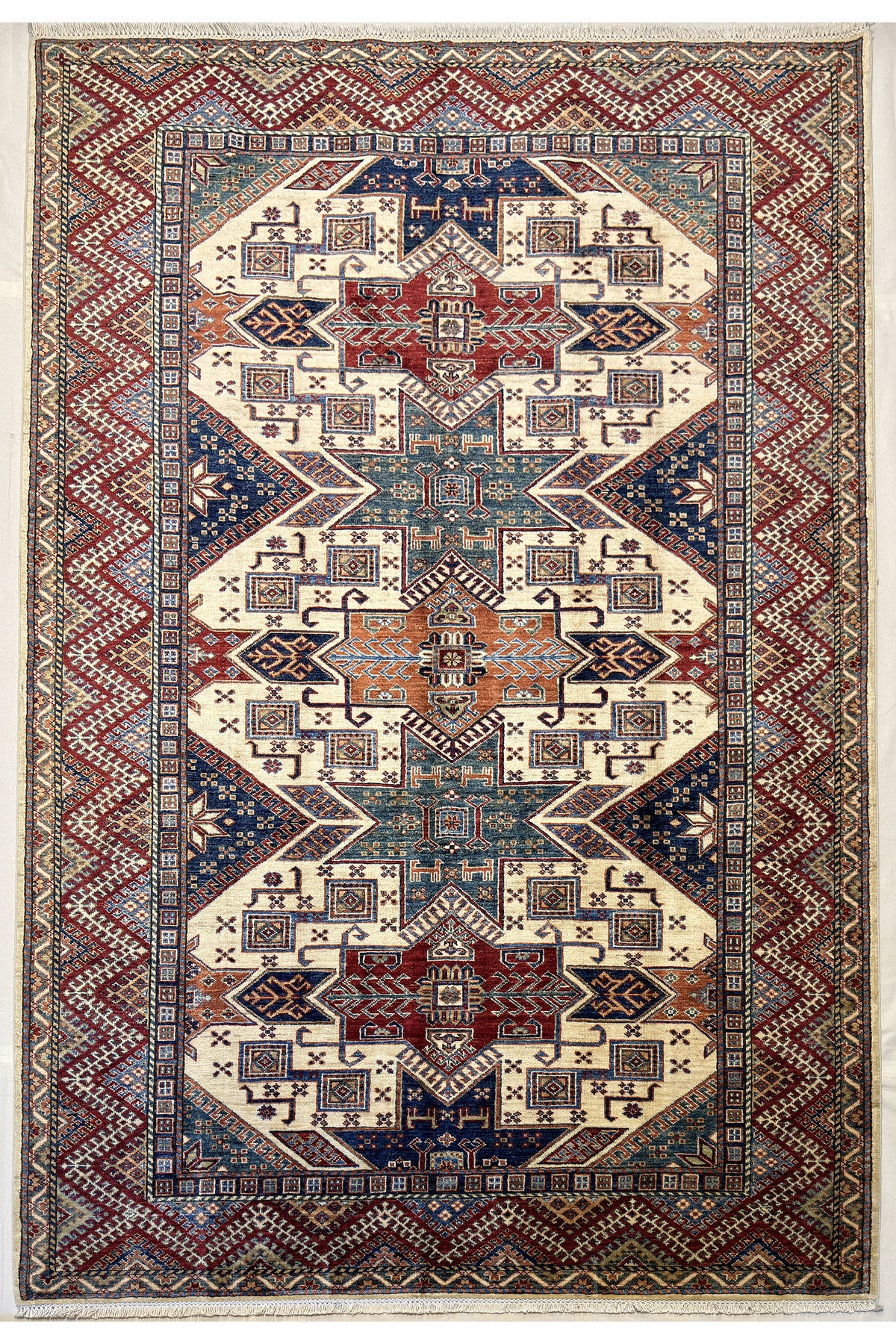 Afghan Rug Hand-Woven KAZAK Design 100% Wool Natural Dye Handicraft ile Harika Renkler