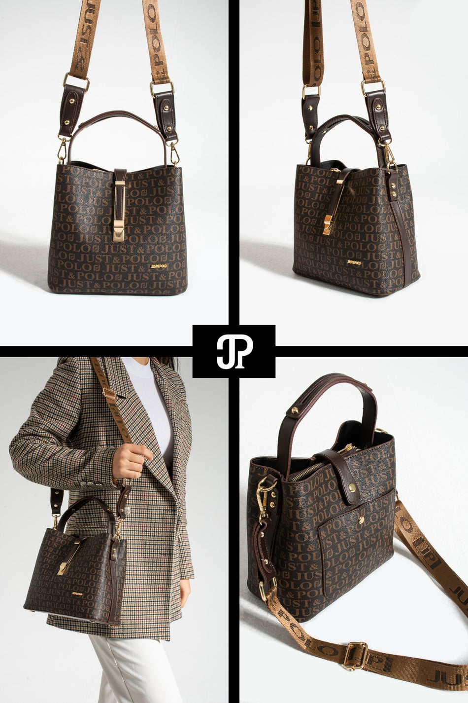 Just Polo Original Women's 4-Compartment Luxury Soft Leather Stylish Handbag and Shoulder Bag with Adjustable Crossbody Strap Mink - MALLTURK