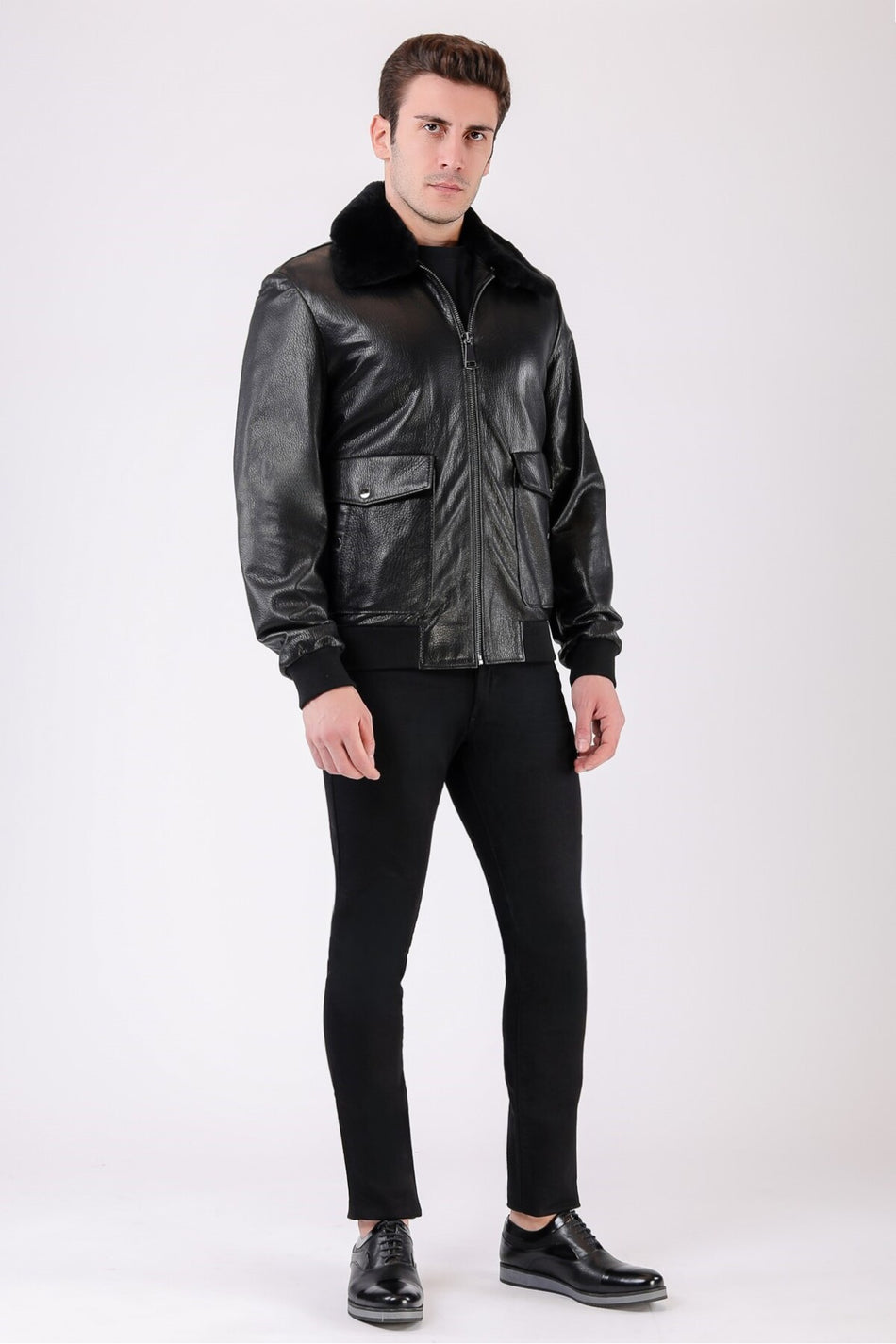 Leather Club Giacca da aviatore in vera pelle con bordo in pelliccia nera