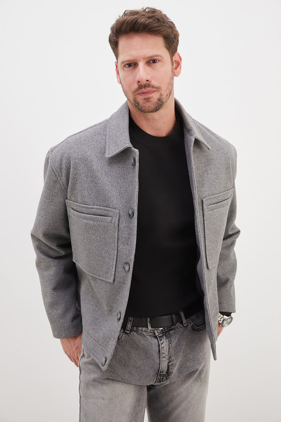 Manteau court en cachemire à double poche, col polo boutonné