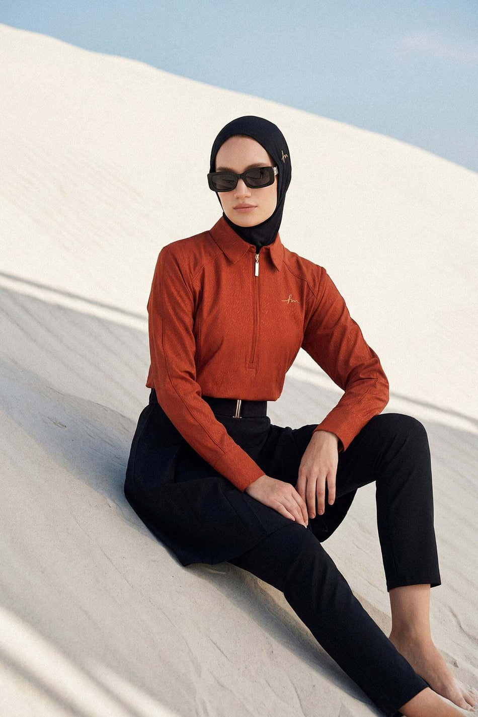 Hasema Vaha Collection Textured Fabric Shirt Collar Terracotta Color 5-Piece Full Coverage Swimsuit Set 6029