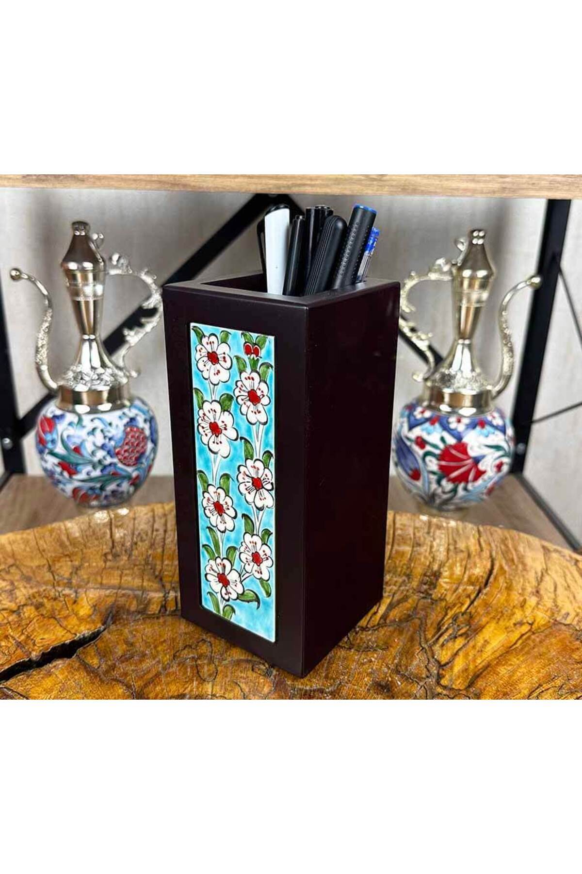 Cini Evi Turquoise Tree of Life Iznik Tile Wooden Pen Holder - MALLTURK