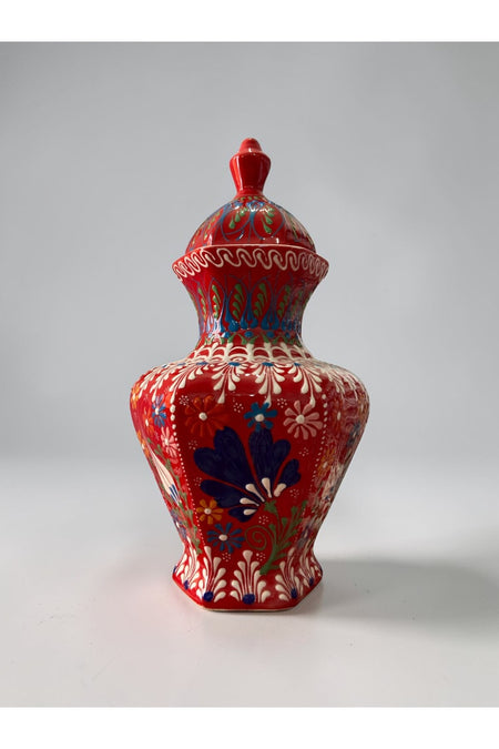 YOOS Handmade 30cm Embossed and Lace Work Hexagonal Ceramic Cube Vase with Red Lid - MALLTURK