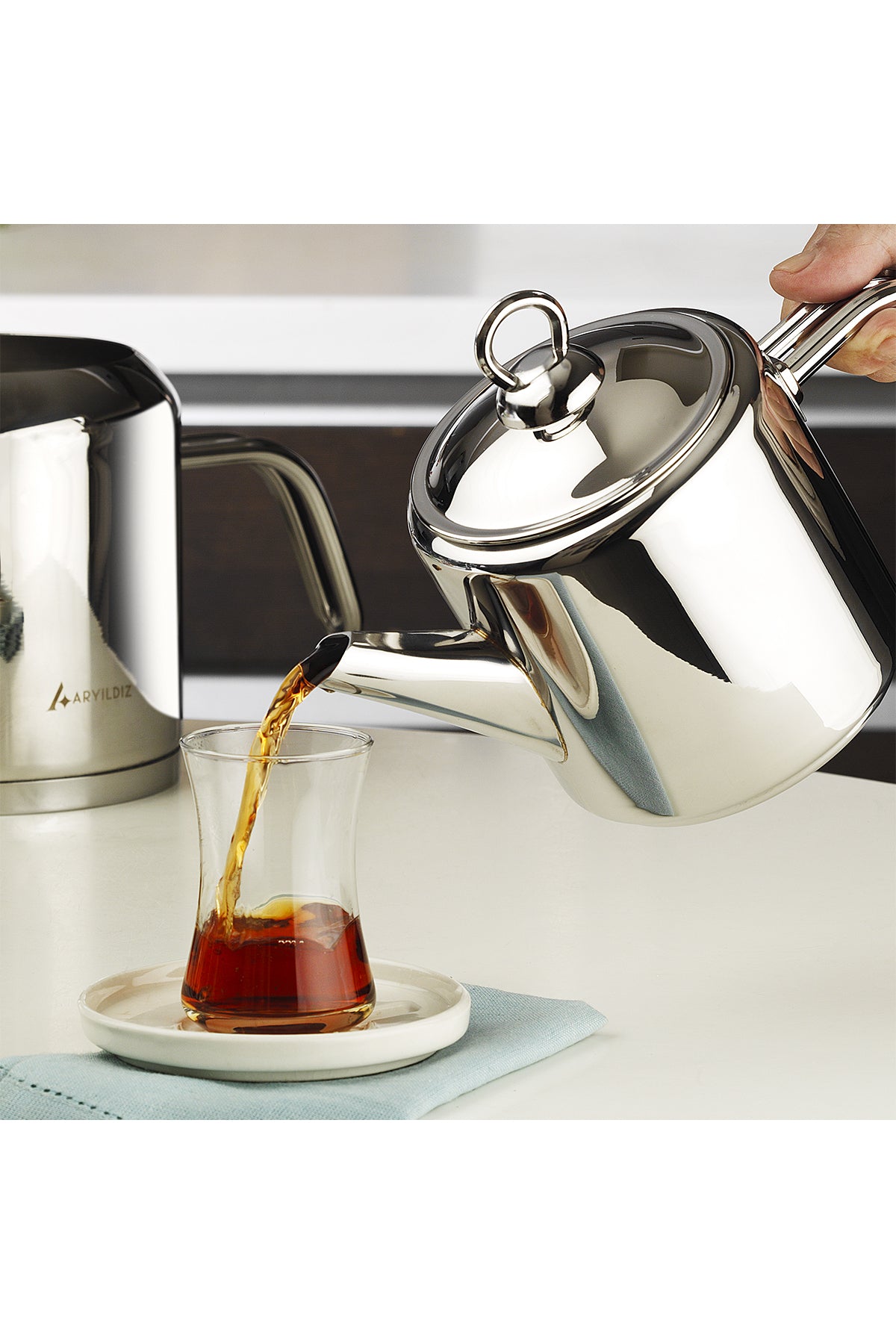 Aryildiz Vento Large Teapot Set with Striped Steel Handle - MALLTURK