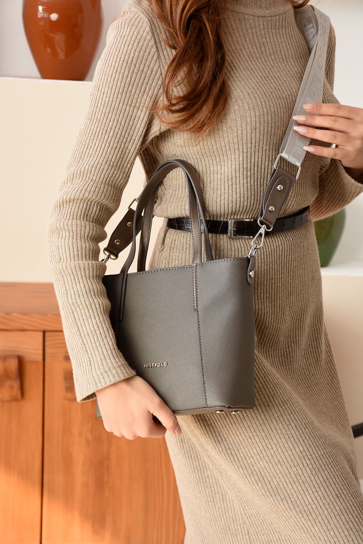 Just Polo Women's Hand and Shoulder Bag, New Season, SIZE: Height 20 cm, Width 24 cm Gray - MALLTURK