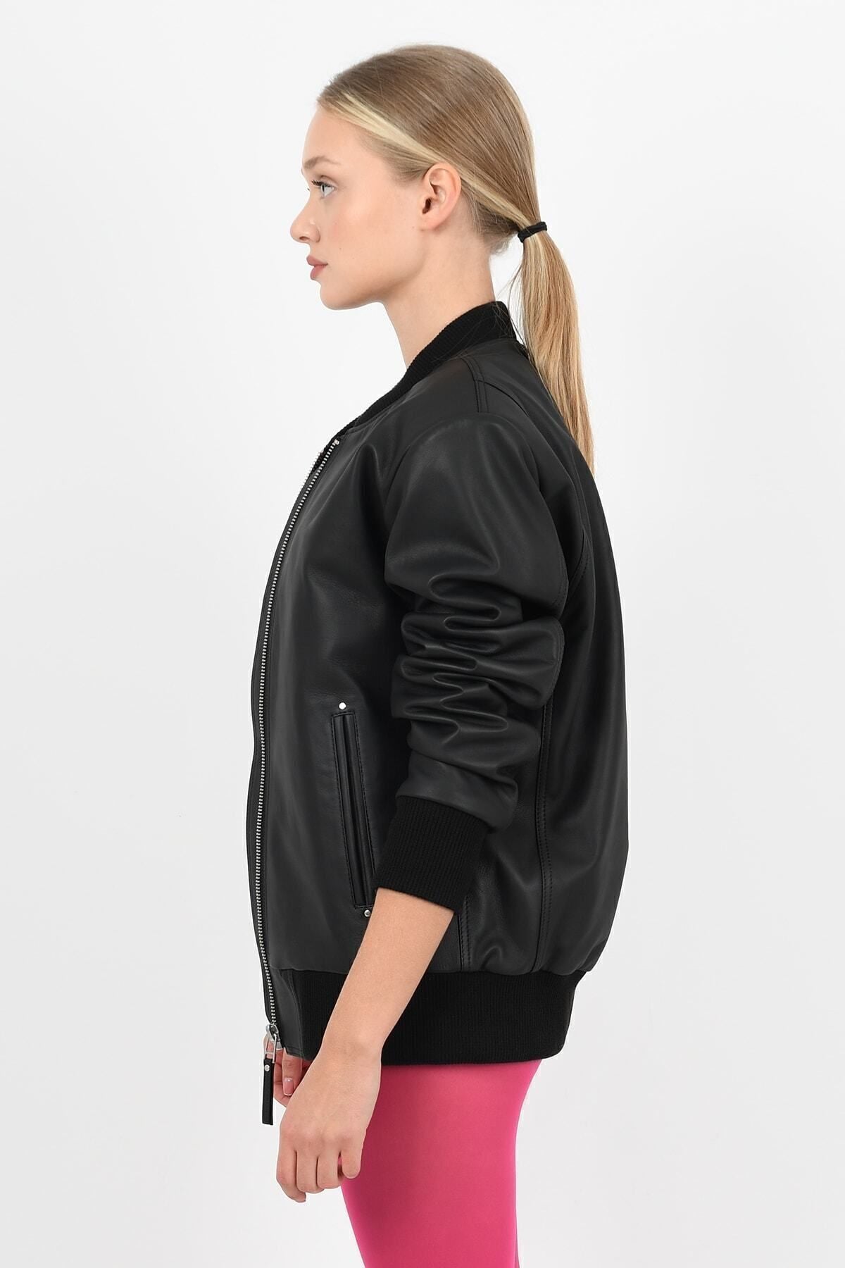 ALIN College Women's Genuine Leather Knitted Leather Jacket Black - MALLTURK