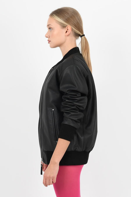 ALIN College Women's Genuine Leather Knitted Leather Jacket Black - MALLTURK