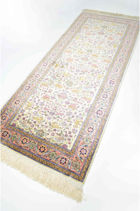 Handmade Pure Silk Hand-Woven Cream and Pink Color Kayseri Rug Runner 82x200 cm (1.64 m2)