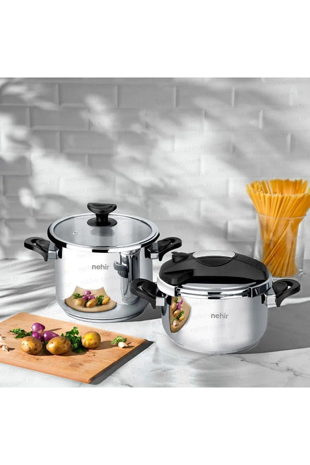 Nehir Silver Matik 7+4 Lt 4-Piece Pressure Cooker Set - MALLTURK