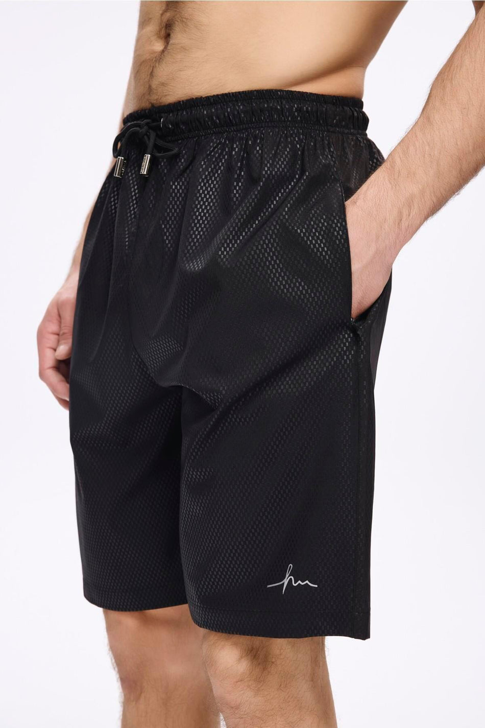 Textured Fabric Men's Short Pool and Beach Shorts Black 5032