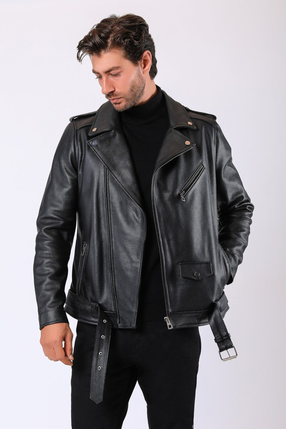 Blusão de motociclista de pele genuína preto Leather Club