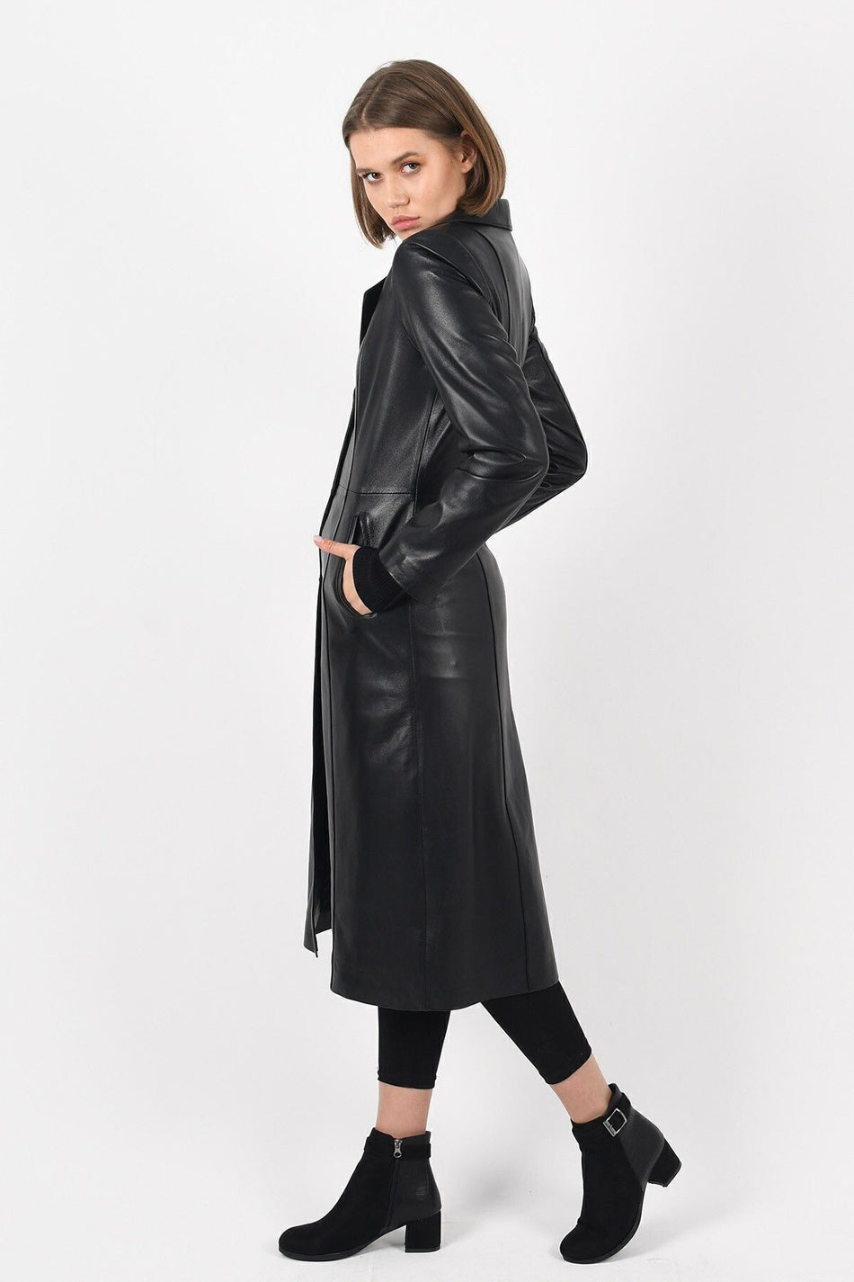 ALIN Tyrell Women's Genuine Leather Trench Coat Black