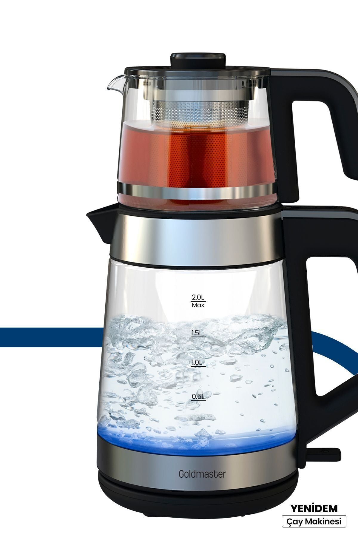 GoldMaster Yenidem Stainless Steel Large Capacity Tea Maker with German Schott Glass Teapot and LED Lighted Water Kettle - MALLTURK