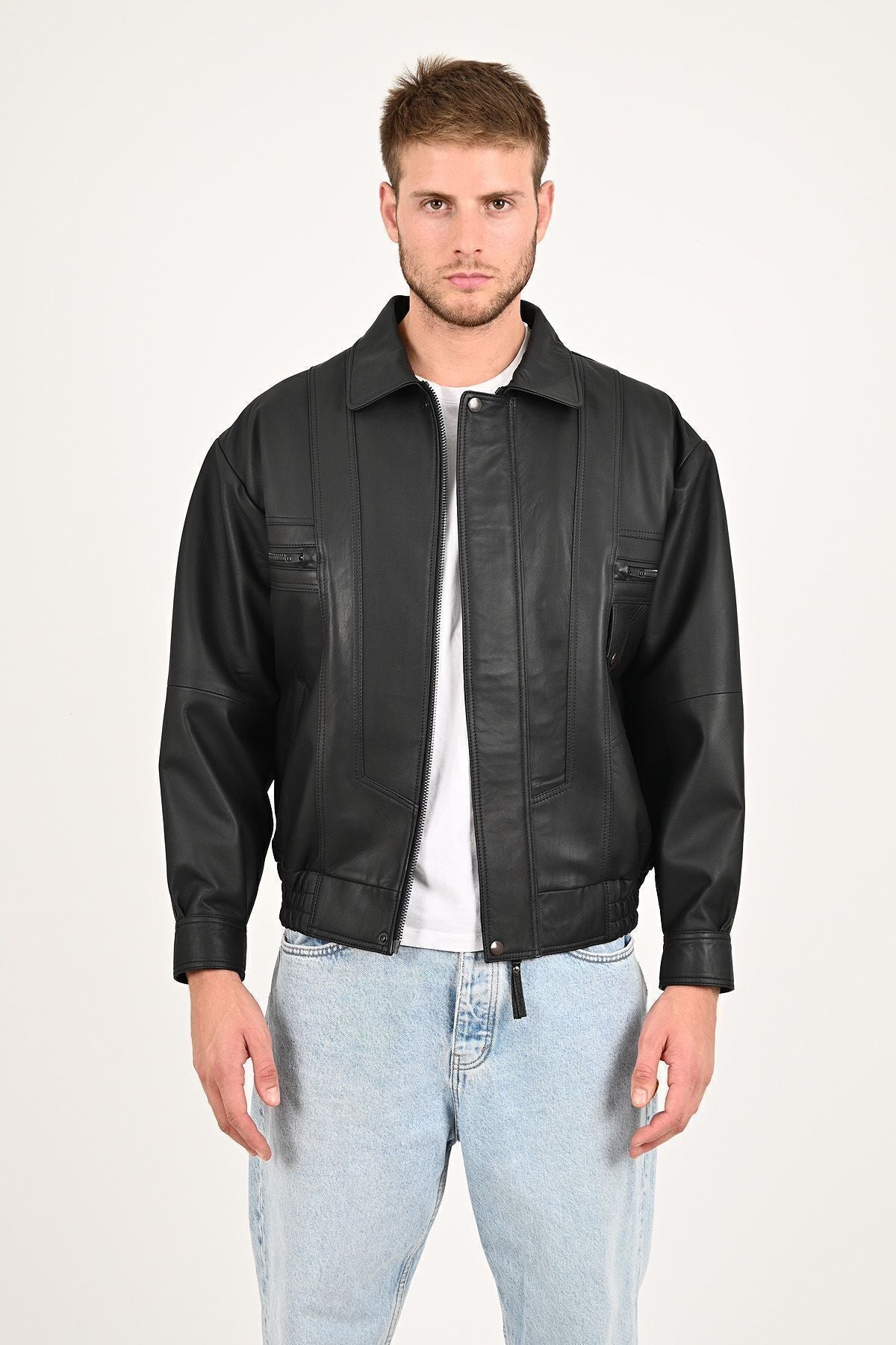 ALIN Beirut Men's Genuine Leather Oversized Leather Jacket Black - MALLTURK