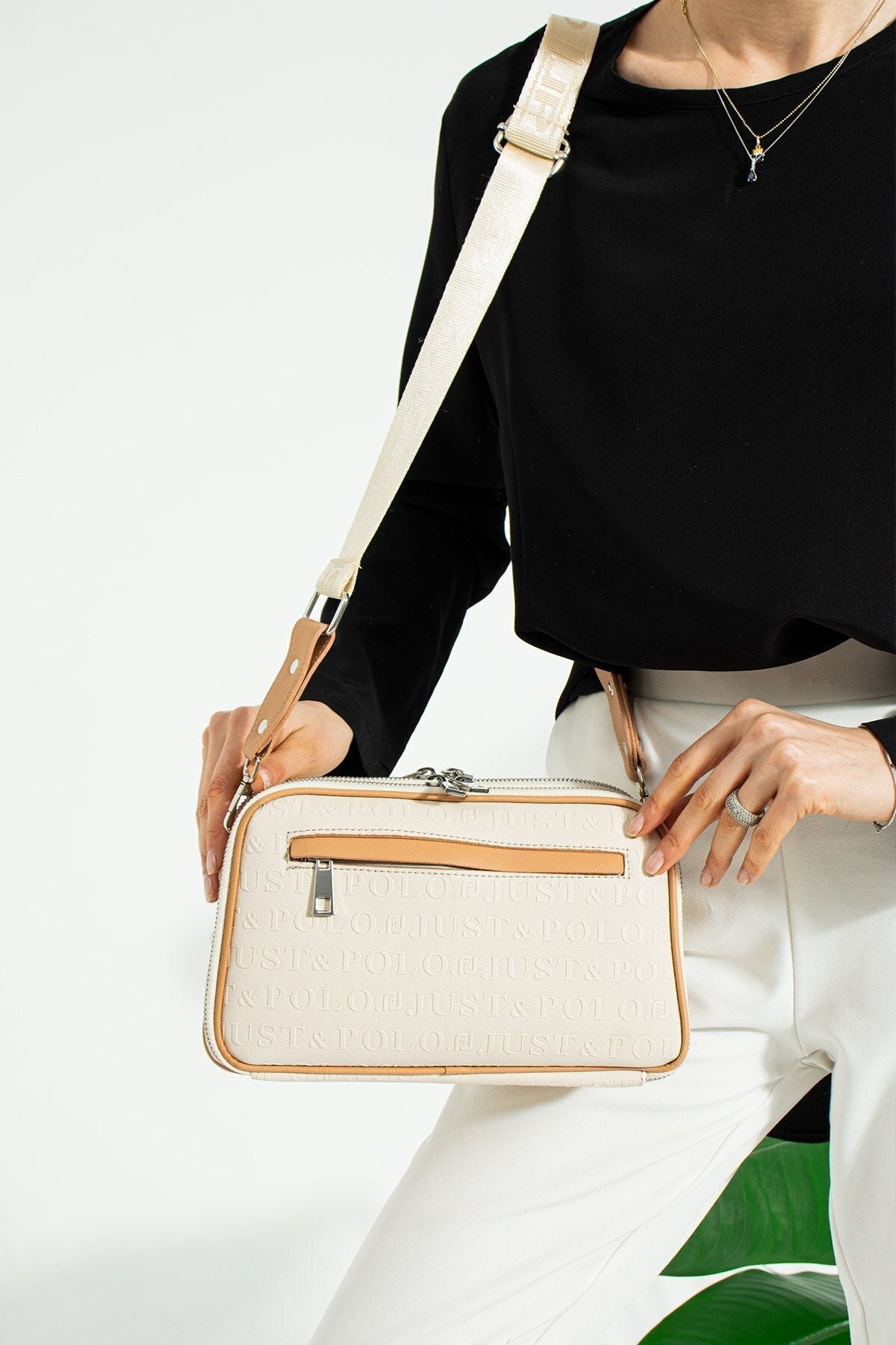 Just Polo Women's 3D Just & Polo Patterned Vegan Shoulder and Handbag 4023 Beige - MALLTURK