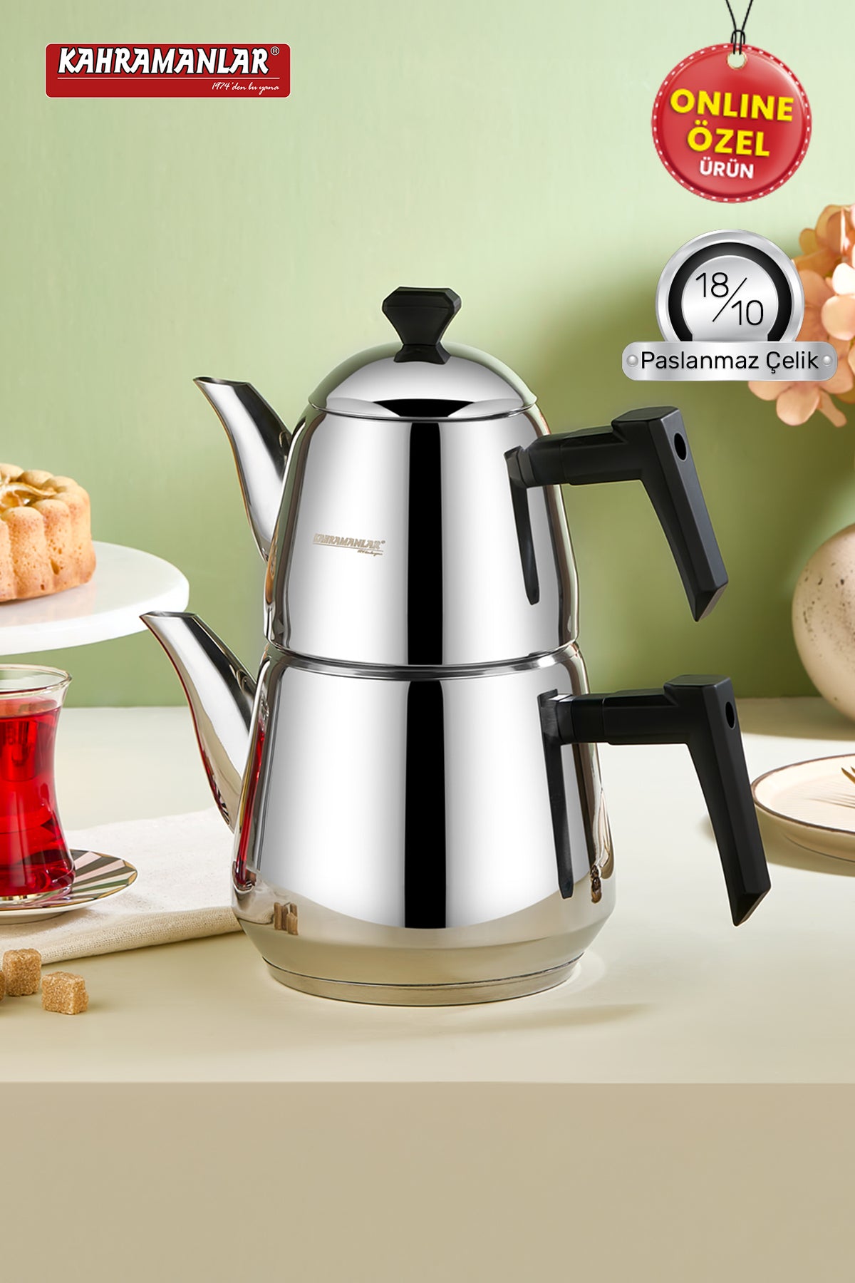 Kahramanlar Milano Medium Size Teapot Set, Stainless Steel, with Steam Lid, Black - MALLTURK