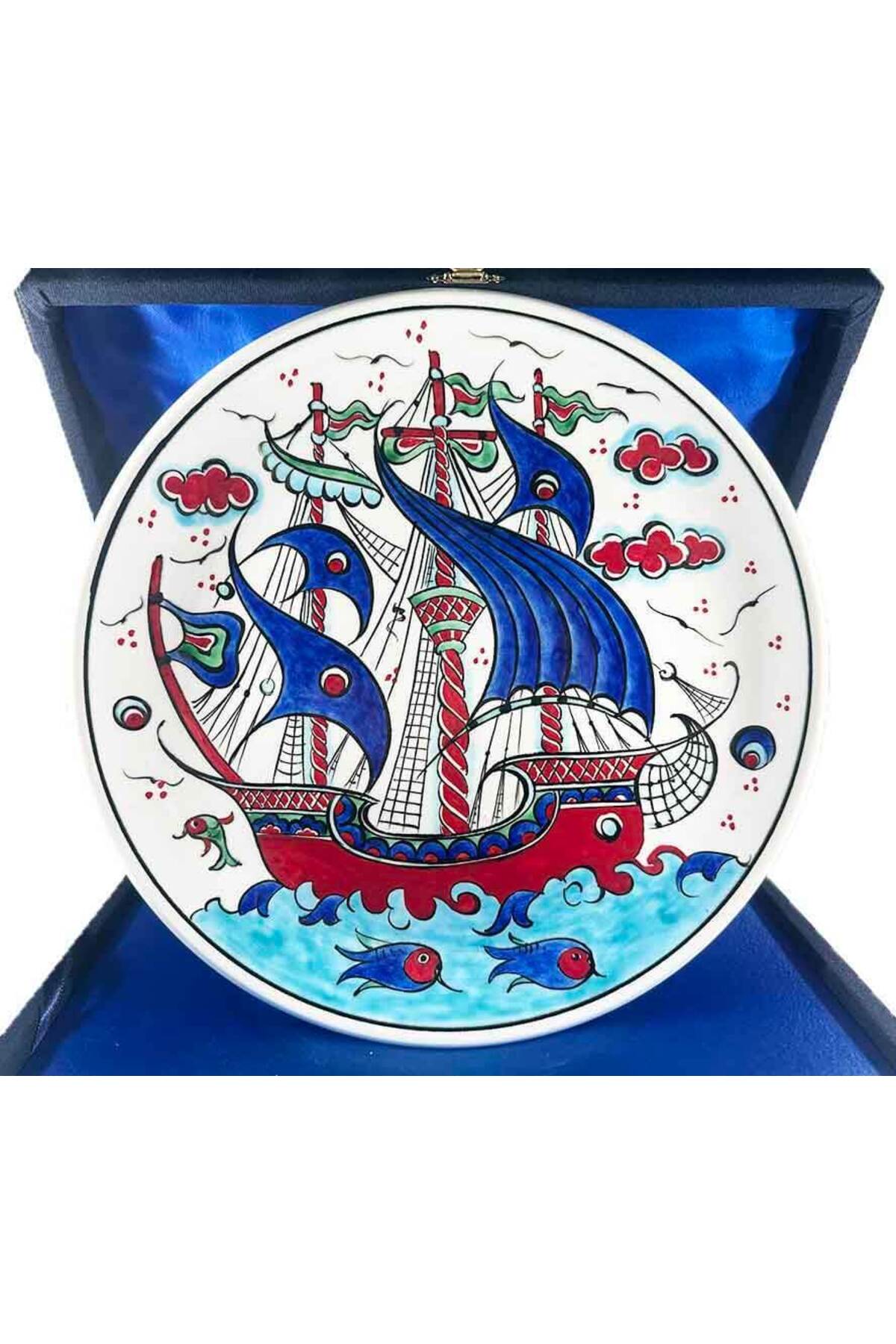Cini Evi Marina Gift Galleon Patterned Iznik Tile Plate - MALLTURK