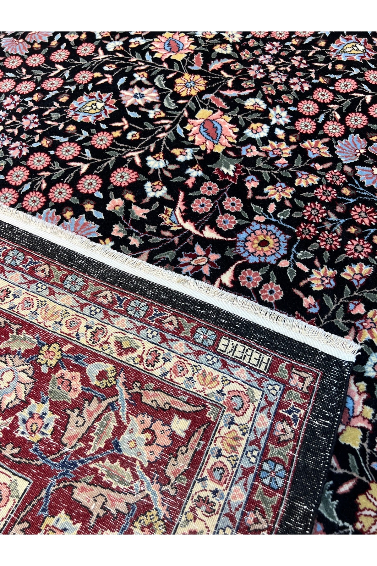 RD RAMAZAN DAG Hand Rug Art Hand-Woven Hereke Rug Signed Seven Mountains Flower Black Color Premium Quality Size 296x200 - MALLTURK