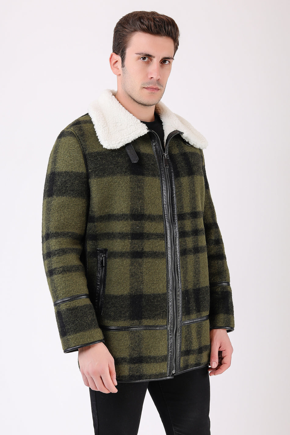 Casaco de lã axadrezada cáqui com pelo Leather Club