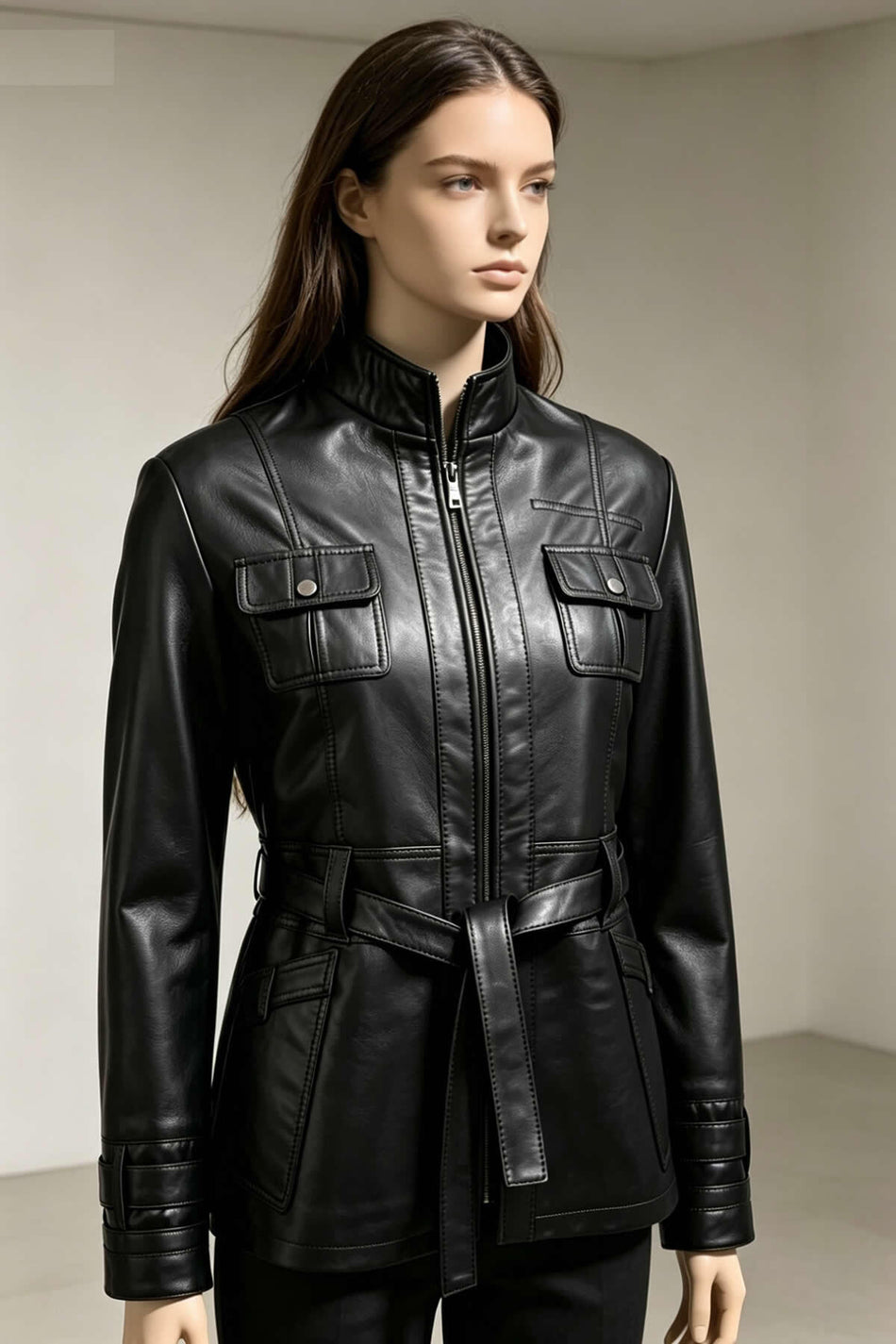 ALIN Yara Women's Genuine Leather Belted Leather Jacket Black