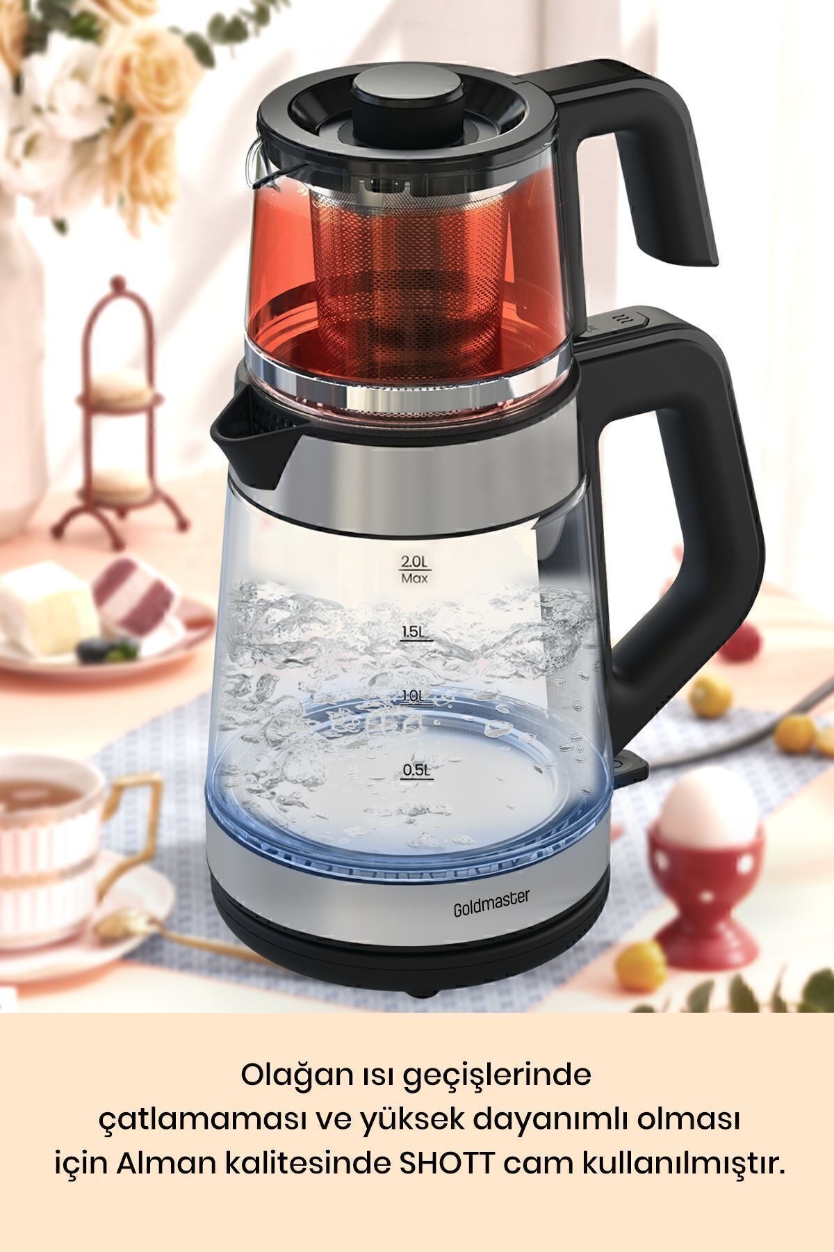 GoldMaster Yenidem Stainless Steel Large Capacity Tea Maker with German Schott Glass Teapot and LED Lighted Water Kettle - MALLTURK