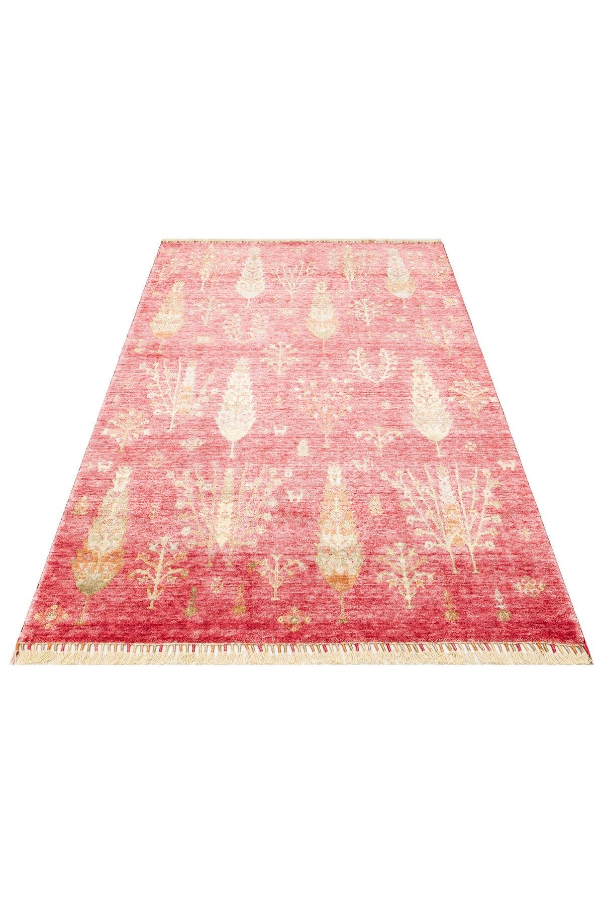 Vog Hali Efsun Handmade Tree of Life Pattern Red Lyocell Special Loom Usak Design Fringed Living Room Carpet - MALLTURK