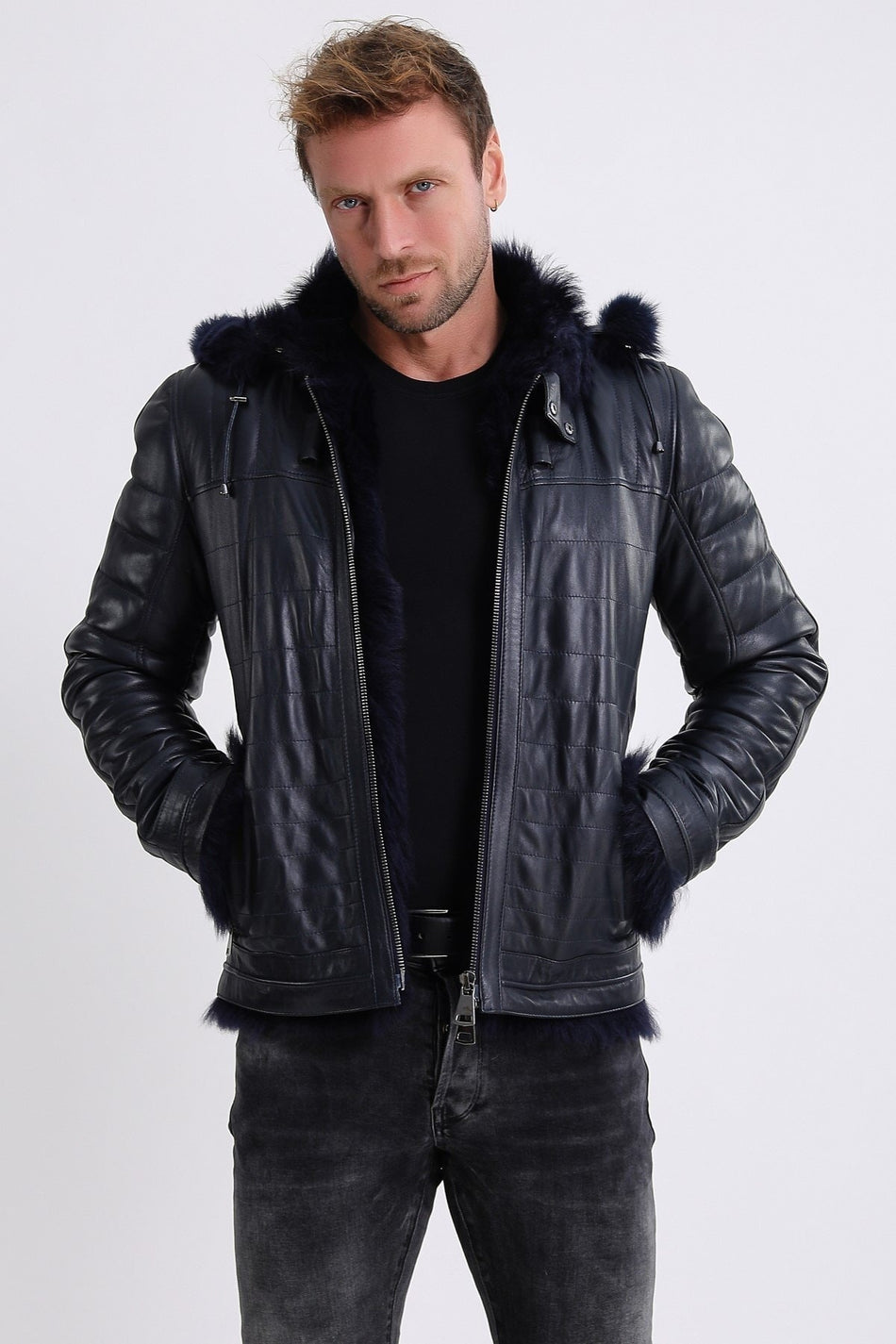 Veste en cuir de Toscane bleu marine Leather Club avec doublure en fourrure