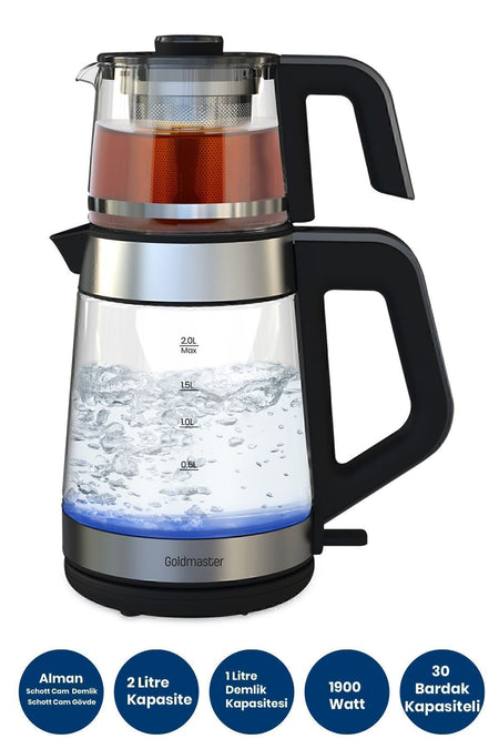 GoldMaster Stainless Steel German Schott Glass Tea Maker and LED illuminated Water Kettle, Stainless Steel Turkish Coffee Maker - MALLTURK