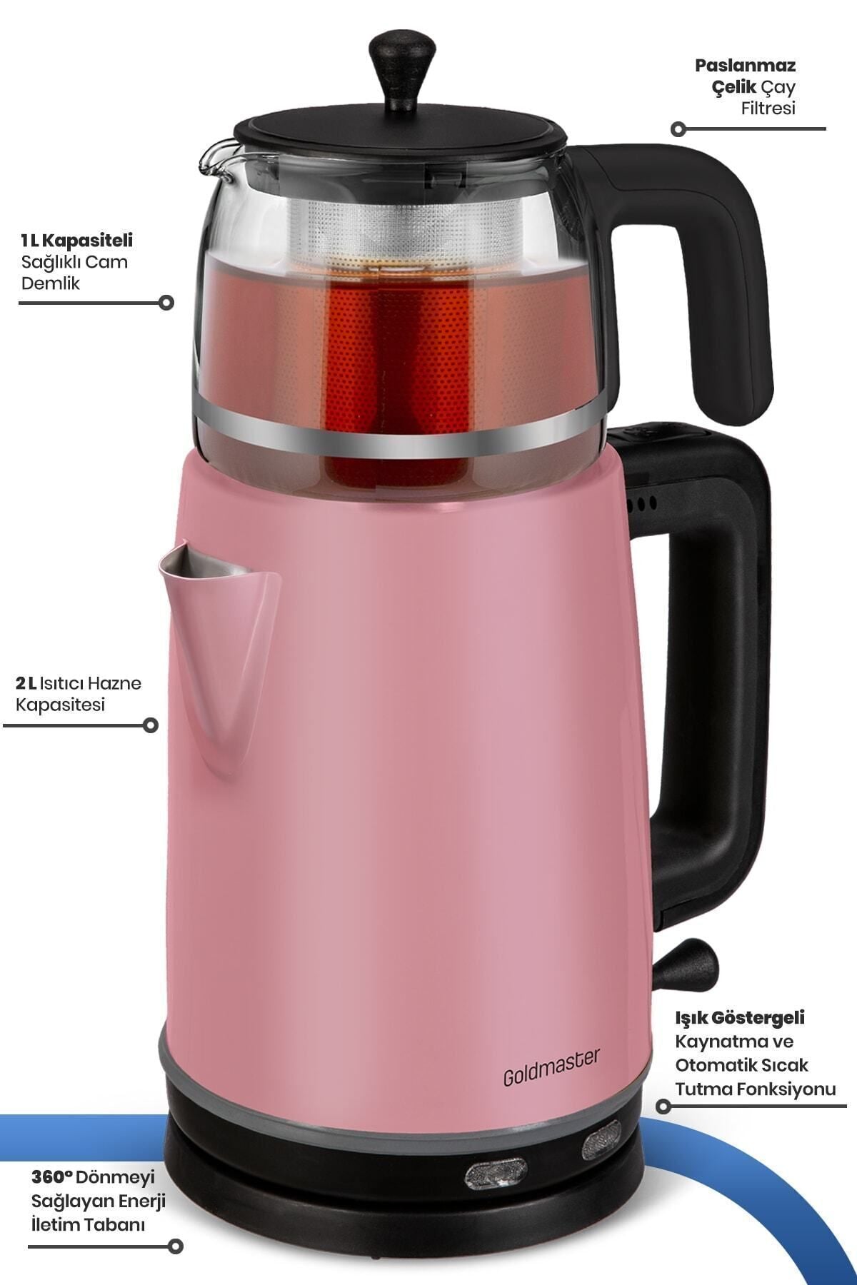 GoldMaster Dem Pearl Pink 2200 Watt XL Stainless Steel Tea Maker and Water Heater with Glass Pot - MALLTURK