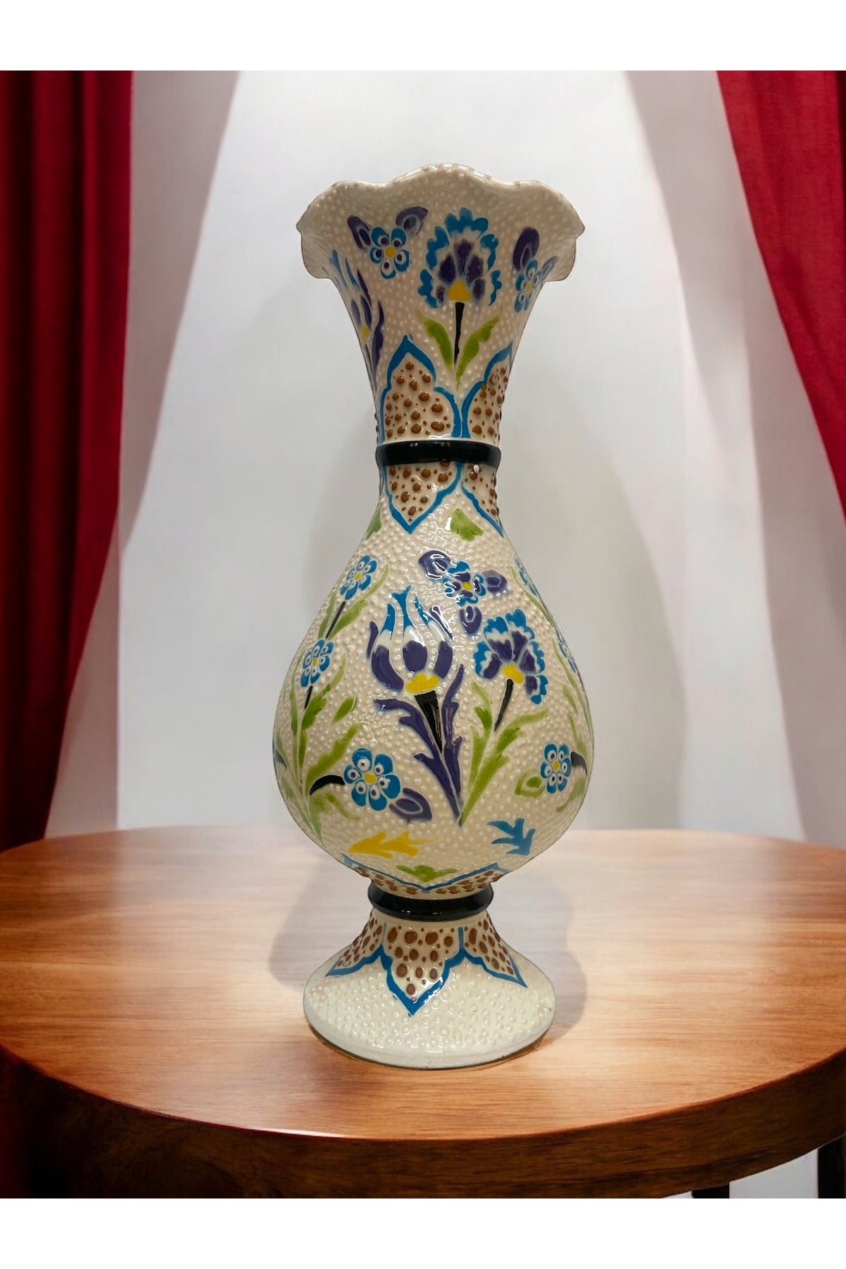 STORESZA Handmade Kutahya Ceramic Tulip Motif White Hyacinth Vase - 30cm - MALLTURK