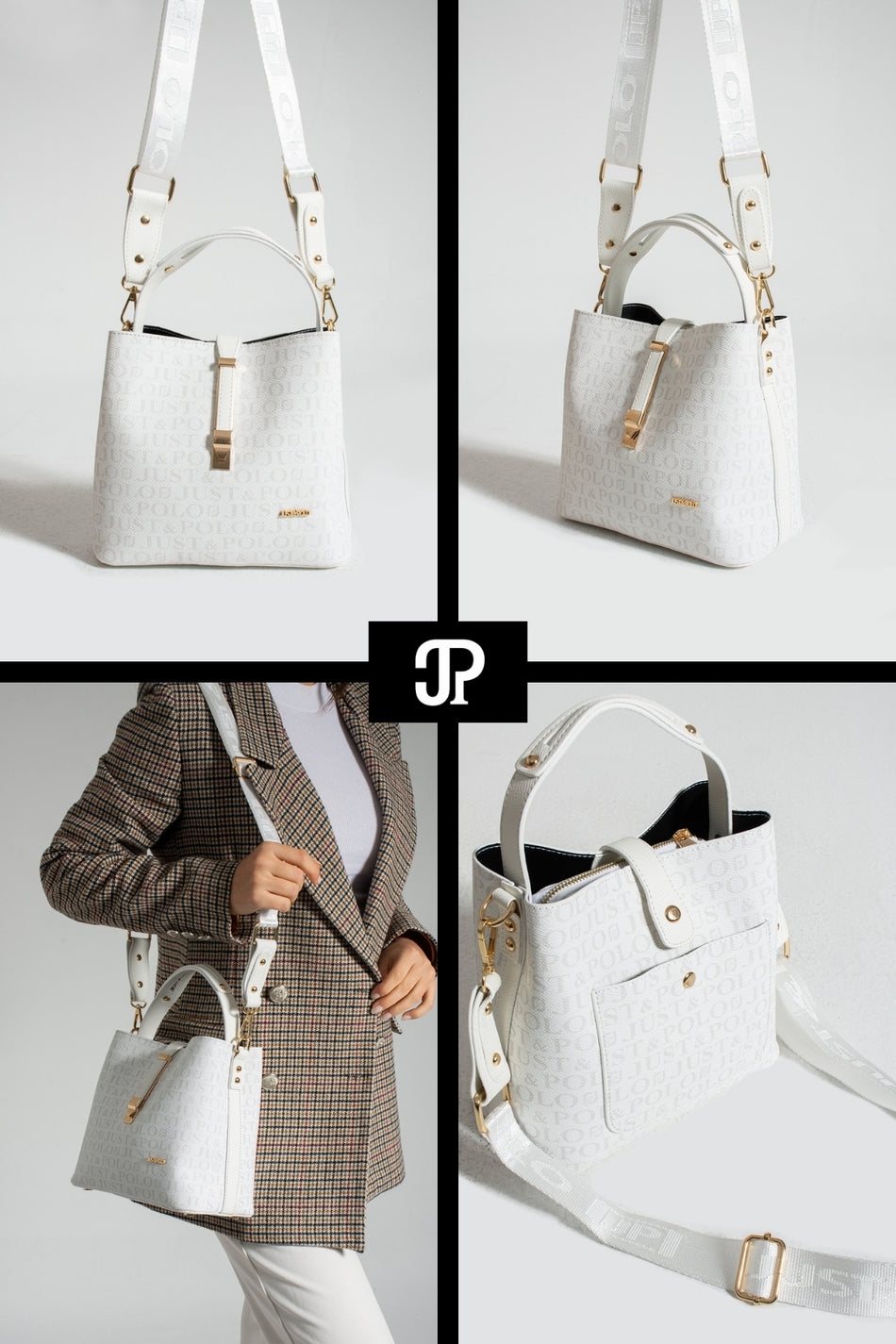 Just Polo Original Women's 4-Compartment Luxury Soft Leather Stylish Handbag and Shoulder Bag with Adjustable Crossbody Strap White - MALLTURK