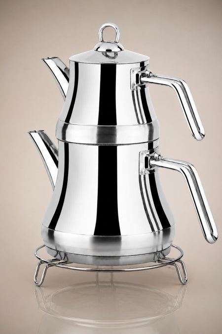 Lines Naz Stainless Steel Teapot with Built-in Strainer, Silver Metal Handle, Medium Size, Stylish Modern Design, Teapot 0.75 lt, Water Jug 1.75 lt - MALLTURK