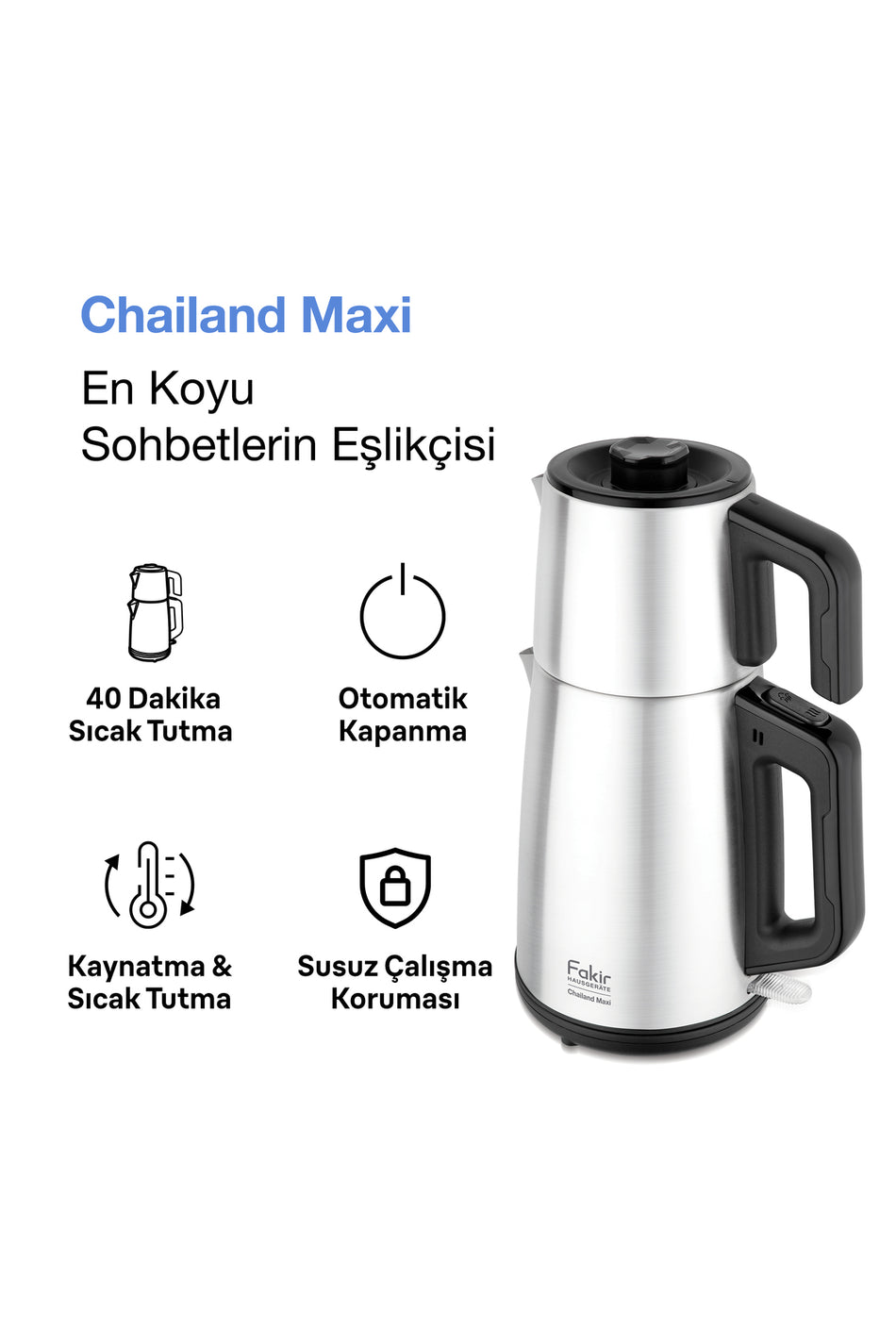 Fakir Chailand Maxi XXL Tea Maker, Stainless Steel, 1650W, 2L Water Capacity, 1.45L Teapot, Automatic Shut-off. - MALLTURK