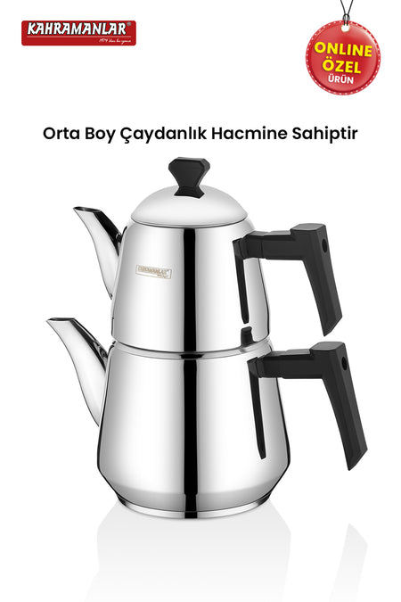 Kahramanlar Milano Medium Size Teapot Set, Stainless Steel, with Steam Lid, Black - MALLTURK